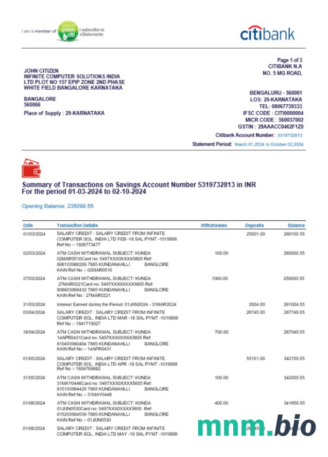 Szablon wyciągu bankowego INDIA CANARA, format Word i PDF, Wersja 3